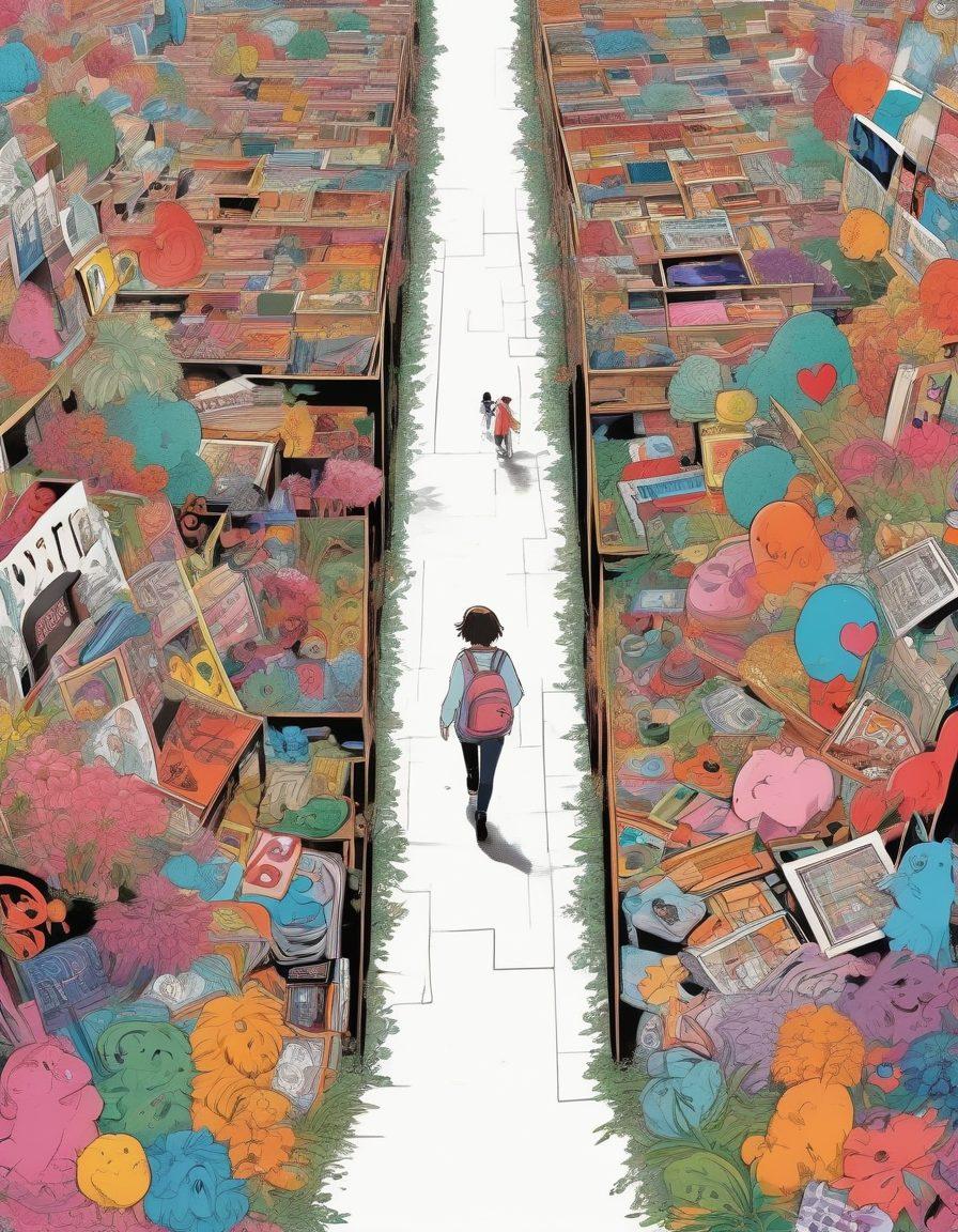 A whimsical, dreamy illustration of a person exploring a vibrant, colorful maze made of art supplies and comics, symbolizing the journey through the world of hentai. Surround the figure with icons representing safety and ethics, such as shields and hearts, interspersed among intricate illustrations of diverse artists at work. Use bright, inviting colors to create an engaging atmosphere. cartoon style. vibrant colors. white background.